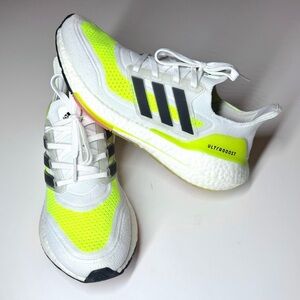 Adidas Men’s Ultraboost 21 Athletic Running Shoes - White and Neon Yellow Size-7
